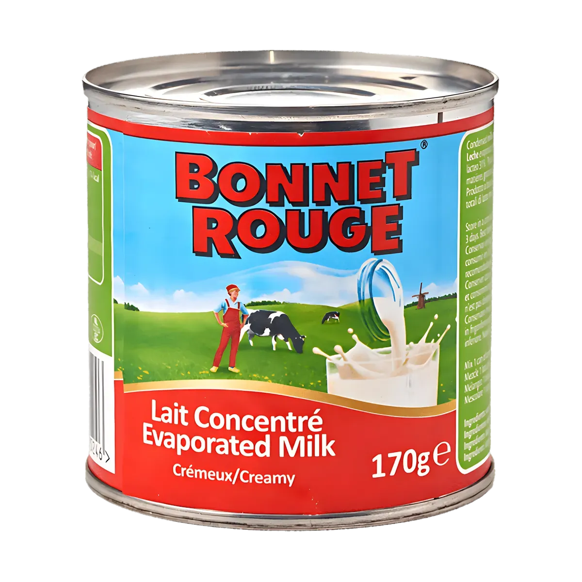 Boîte de lait concentré non sucré Bonnet Rouge 170g, crèmerie & laitier, idéale pour recettes sucrées et salées.